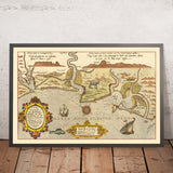 Alte Seekarte von Cadiz von Waghenaer, 1583: Straße von Gibraltar, Cadiz, Lissabon, Seeungeheuer, Segelschiffe 