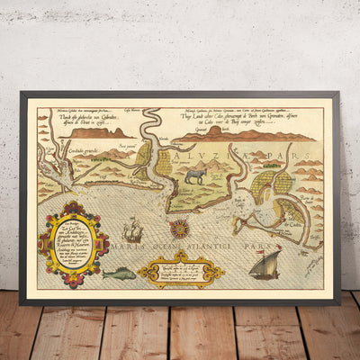 Old Naval Map of Cadiz by Waghenaer, 1583: Strait of Gibraltar, Cadiz, Lisbon, Sea Monsters, Sailing Ships