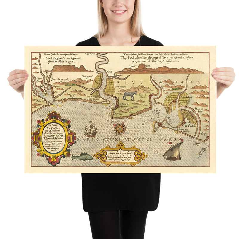 Old Naval Map of Cadiz by Waghenaer, 1583: Strait of Gibraltar, Cadiz, Lisbon, Sea Monsters, Sailing Ships