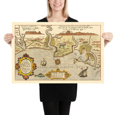 Old Naval Map of Cadiz by Waghenaer, 1583: Strait of Gibraltar, Cadiz, Lisbon, Sea Monsters, Sailing Ships