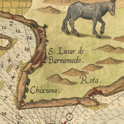 Old Naval Map of Cadiz by Waghenaer, 1583: Strait of Gibraltar, Cadiz, Lisbon, Sea Monsters, Sailing Ships