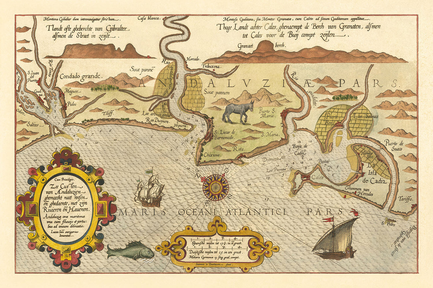 Old Naval Map of Cadiz by Waghenaer, 1583: Strait of Gibraltar, Cadiz, Lisbon, Sea Monsters, Sailing Ships