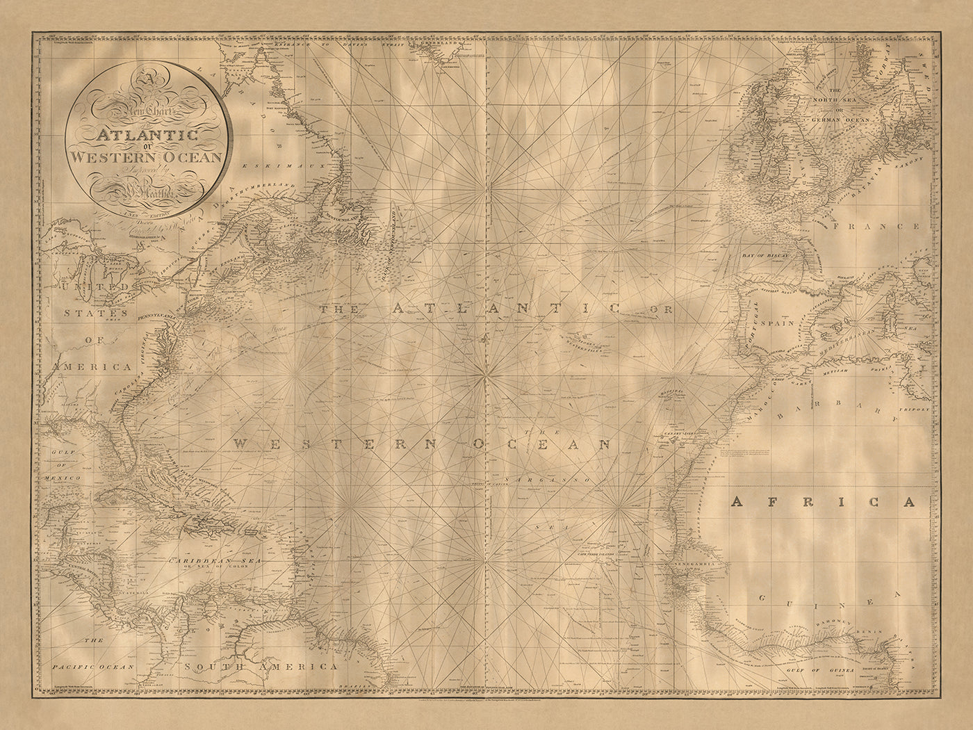 Antigua carta náutica del Océano Atlántico por Heather, 1828: Corriente del Golfo, rutas de viaje, detalles costeros 