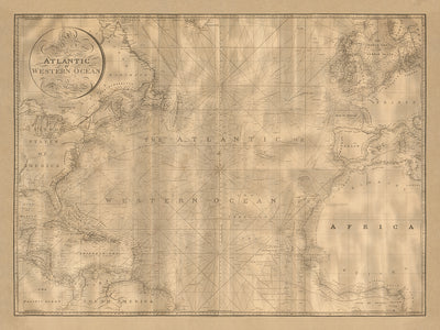 Antigua carta náutica del Océano Atlántico por Heather, 1828: Corriente del Golfo, rutas de viaje, detalles costeros 