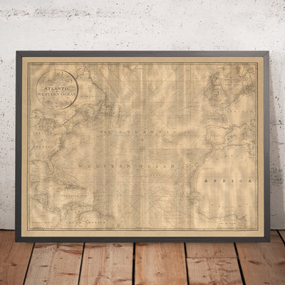 Antigua carta náutica del Océano Atlántico por Heather, 1828: Corriente del Golfo, rutas de viaje, detalles costeros 