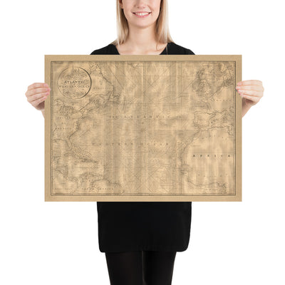 Antigua carta náutica del Océano Atlántico por Heather, 1828: Corriente del Golfo, rutas de viaje, detalles costeros 