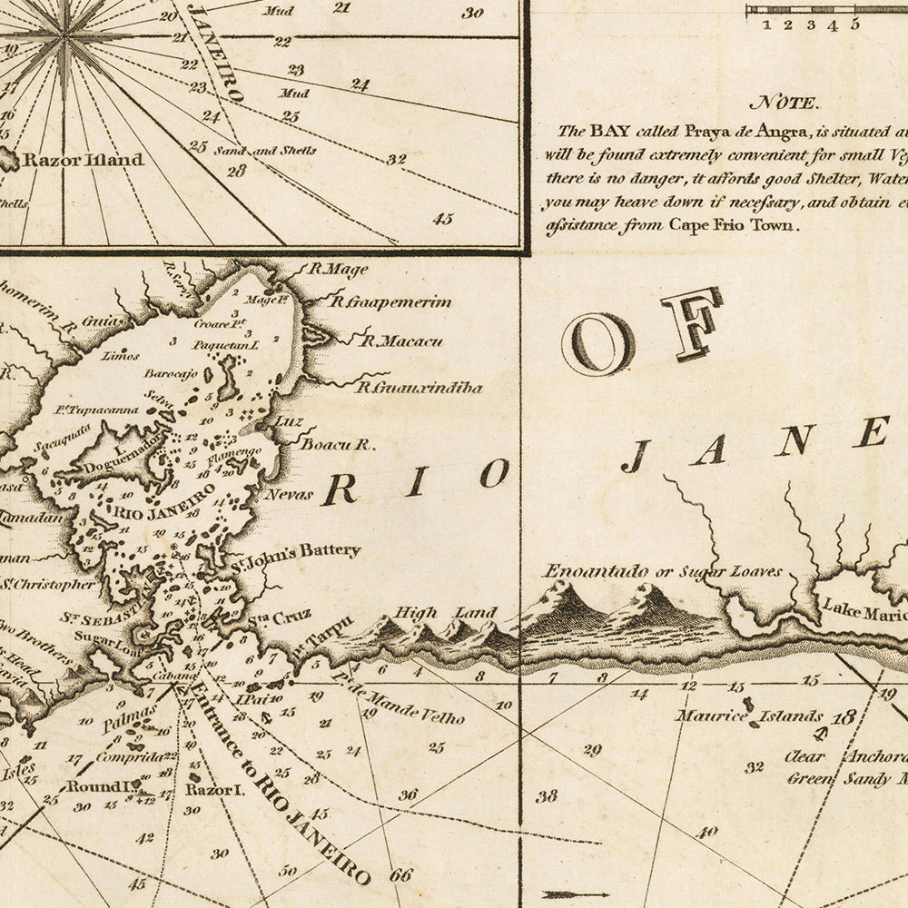 Antigua carta náutica de la costa brasileña de Heather, 1808: Río de Janeiro, Cabo Frío, Salvador