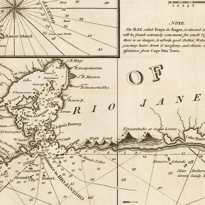 Antigua carta náutica de la costa brasileña de Heather, 1808: Río de Janeiro, Cabo Frío, Salvador