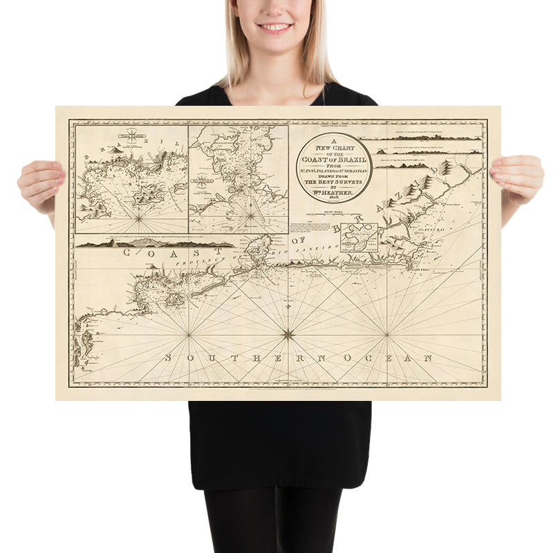 Antigua carta náutica de la costa brasileña de Heather, 1808: Río de Janeiro, Cabo Frío, Salvador