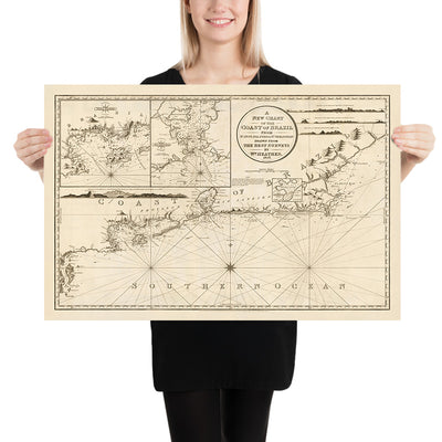 Antigua carta náutica de la costa brasileña de Heather, 1808: Río de Janeiro, Cabo Frío, Salvador