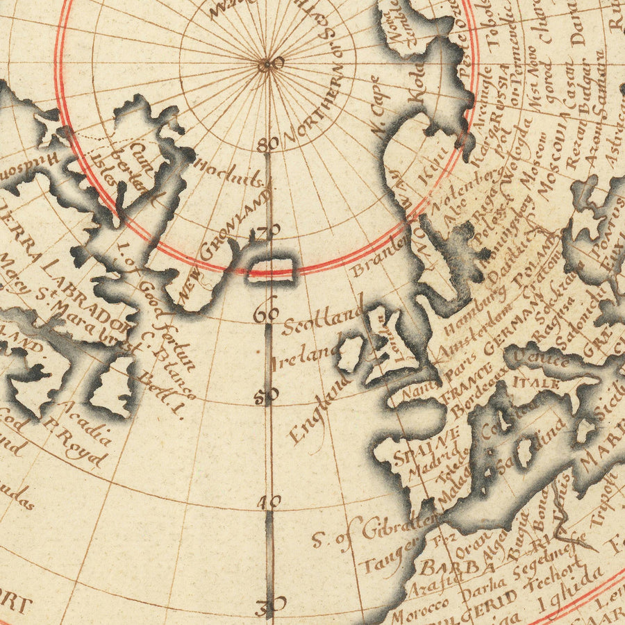 Mappa del mondo antica di Trippit, 1665: Proiezioni polari gemelle, California come isola, rari diagrammi astronomici 