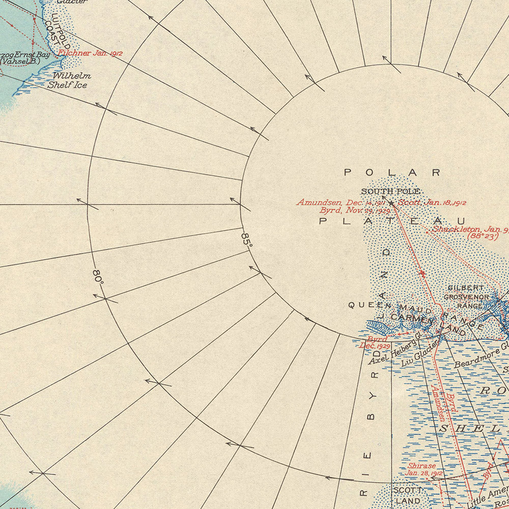 Alte Karte der Antarktis-Exploration, 1932 von der National Geographic Society: Shackleton, Amundsen, Byrd, Scott & Mawson 