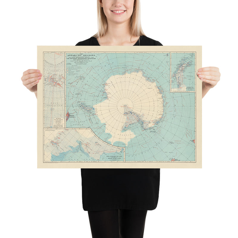 Alte Karte der Antarktis-Exploration, 1932 von der National Geographic Society: Shackleton, Amundsen, Byrd, Scott & Mawson 