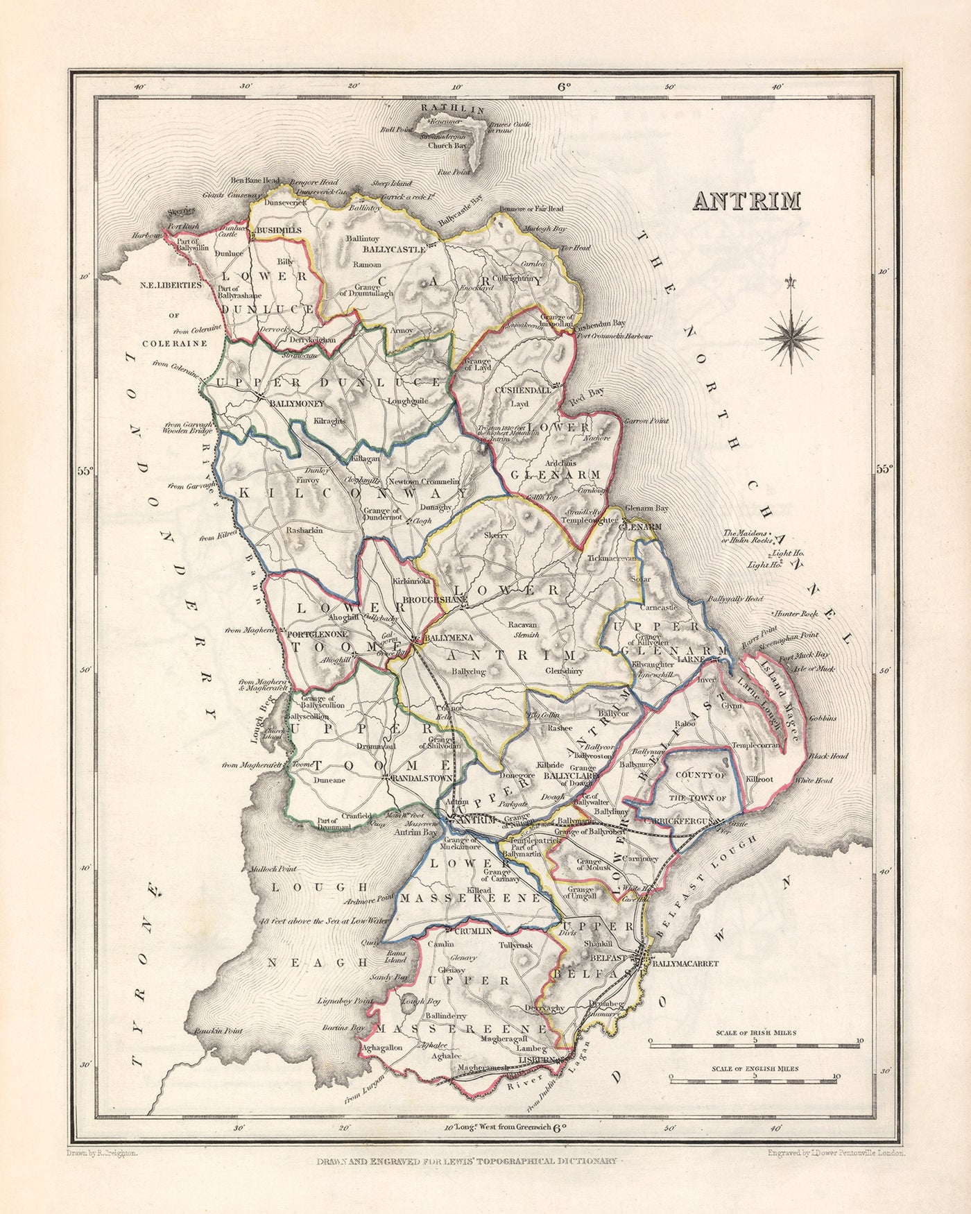 Alte Karte des County Antrim von Samuel Lewis, 1844: Belfast, Lisburn, Carrickfergus, Ballymena, Giant's Causeway 