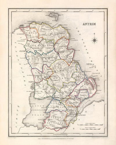 Alte Karte des County Antrim von Samuel Lewis, 1844: Belfast, Lisburn, Carrickfergus, Ballymena, Giant's Causeway 