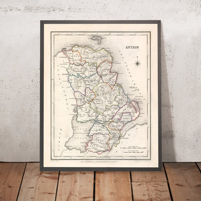 Alte Karte des County Antrim von Samuel Lewis, 1844: Belfast, Lisburn, Carrickfergus, Ballymena, Giant's Causeway 