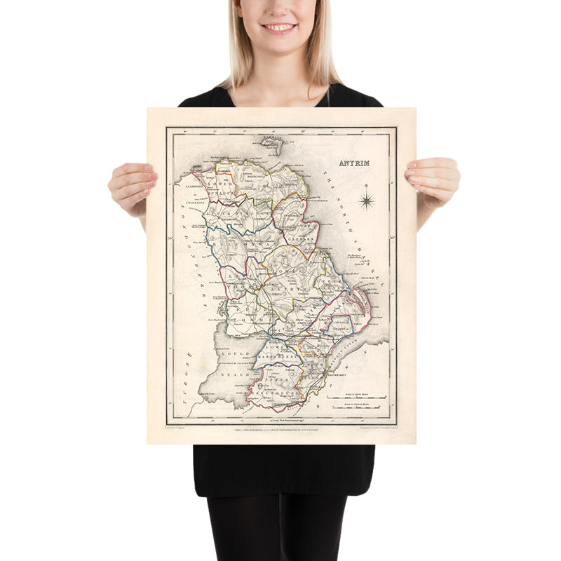 Alte Karte des County Antrim von Samuel Lewis, 1844: Belfast, Lisburn, Carrickfergus, Ballymena, Giant's Causeway 