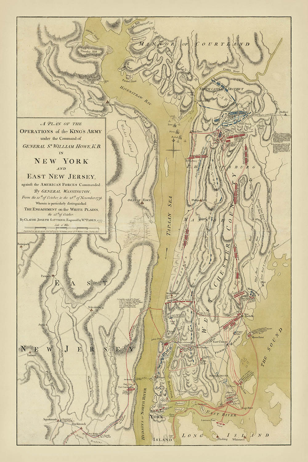 Ancienne carte de la bataille de White Plains par Faden, 1777 : George Washington, New York, Révolution américaine 