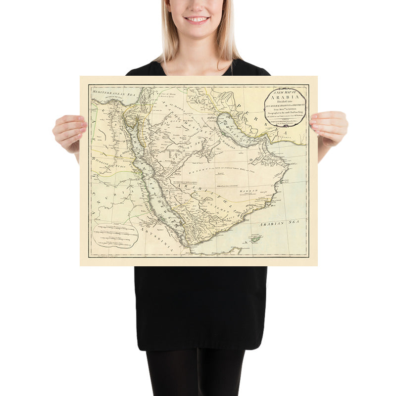 Old Map of the Middle East by Laurie & Whittle, 1794: Caravan Routes to Damascus, Bahrain, Yemen, Oman, Emirate of Ras Al Khaimah