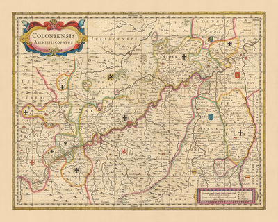 Old Map of Archbishopric of Cologne by Visscher, 1690: Düsseldorf, Essen, Bonn, Dortmund, Düren