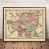 Alte Karte von Asien von AJ Johnson, 1864: Handkolorierte Mercator-Projektion 