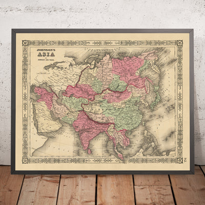 Ancienne carte de l'Asie par AJ Johnson, 1864 : Projection de Mercator en couleur à la main 