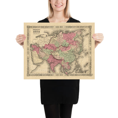 Ancienne carte de l'Asie par AJ Johnson, 1864 : Projection de Mercator en couleur à la main 