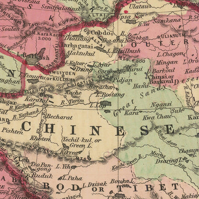 Ancienne carte de l'Asie par AJ Johnson, 1864 : Projection de Mercator en couleur à la main 