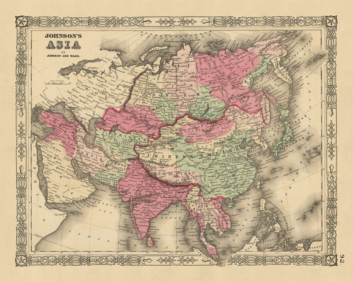 Ancienne carte de l'Asie par AJ Johnson, 1864 : Projection de Mercator en couleur à la main 