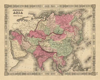 Ancienne carte de l'Asie par AJ Johnson, 1864 : Projection de Mercator en couleur à la main 