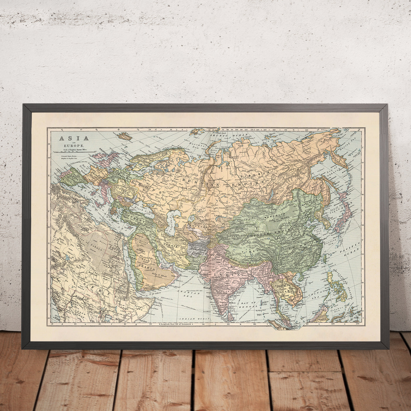 Old Map of Asia & Europe by Appleton, 1892: Political Divisions, Major Cities, Steam Routes