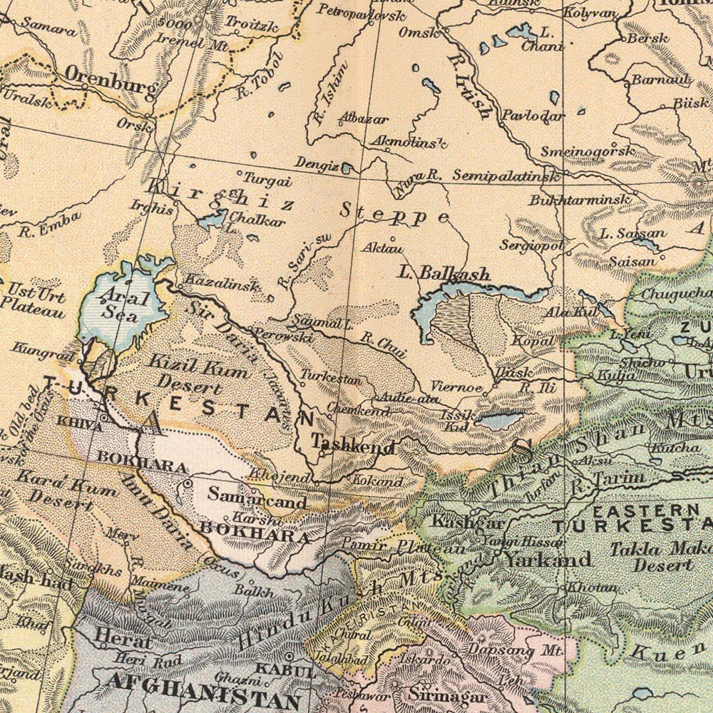 Old Map of Asia & Europe by Appleton, 1892: Political Divisions, Major Cities, Steam Routes