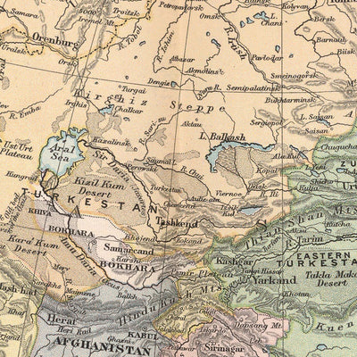 Old Map of Asia & Europe by Appleton, 1892: Political Divisions, Major Cities, Steam Routes