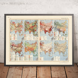 Antigua infografía del mapa de Asia, 1967: Geología, Densidad de Población, Comunicaciones, Etnografía, Agricultura 