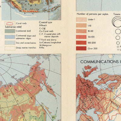 Ancienne carte infographique de l'Asie, 1967 : Géologie, densité de population, communications, ethnographie, agriculture 