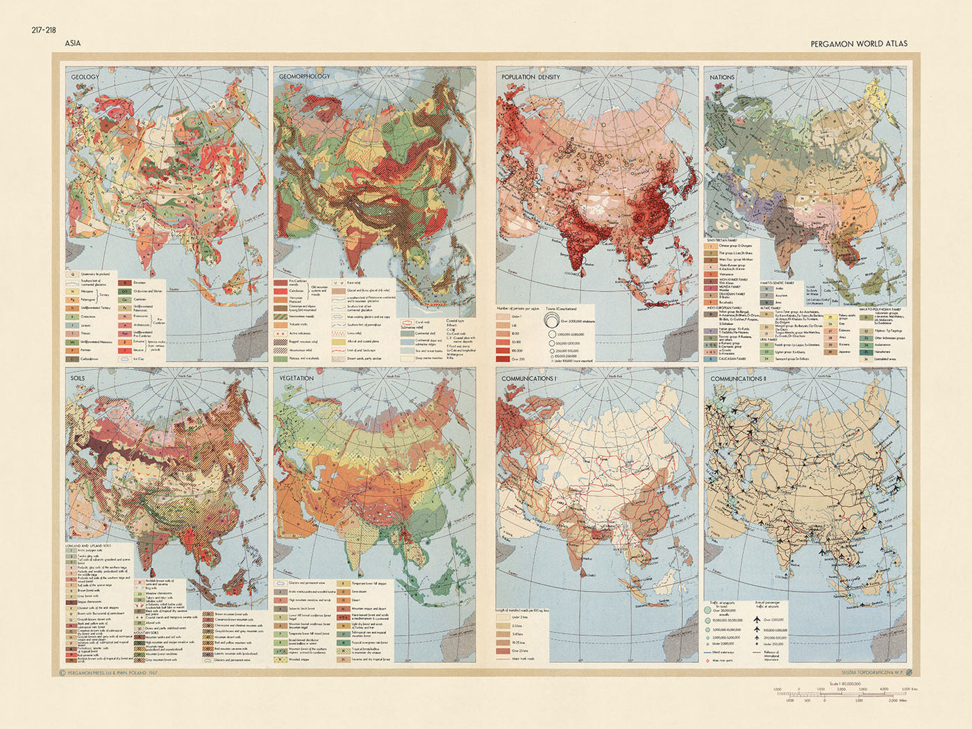 Ancienne carte infographique de l'Asie, 1967 : Géologie, densité de population, communications, ethnographie, agriculture 