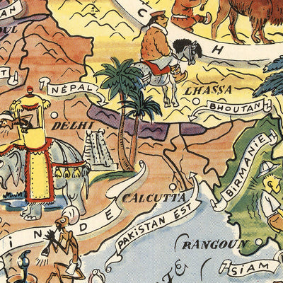 Ancienne carte picturale de l'Asie par Liozu, 1951 : frontières d'après-guerre, illustrations culturelles 