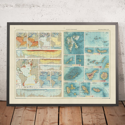 Ancienne carte de l'océan Atlantique et des îles atlantiques, 1967 : cartes thématiques et détaillées, attributs de l'eau de mer, zones de pêche importantes 