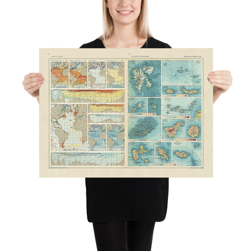 Ancienne carte de l'océan Atlantique et des îles atlantiques, 1967 : cartes thématiques et détaillées, attributs de l'eau de mer, zones de pêche importantes 