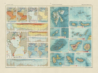 Ancienne carte de l'océan Atlantique et des îles atlantiques, 1967 : cartes thématiques et détaillées, attributs de l'eau de mer, zones de pêche importantes 