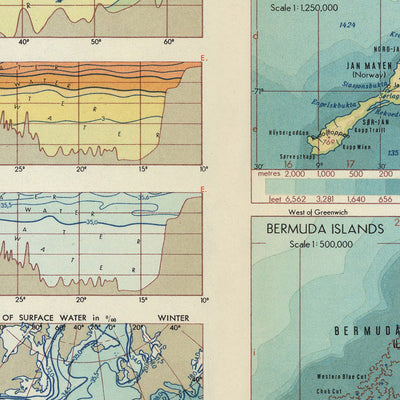 Ancienne carte de l'océan Atlantique et des îles atlantiques, 1967 : cartes thématiques et détaillées, attributs de l'eau de mer, zones de pêche importantes 