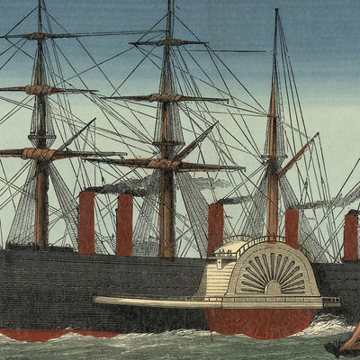 Mapa antiguo del Telégrafo Atlántico por Bacon & Co., 1865: Gran barco de vapor Eastern, Reino Unido, Terranova, Rutas de cable 