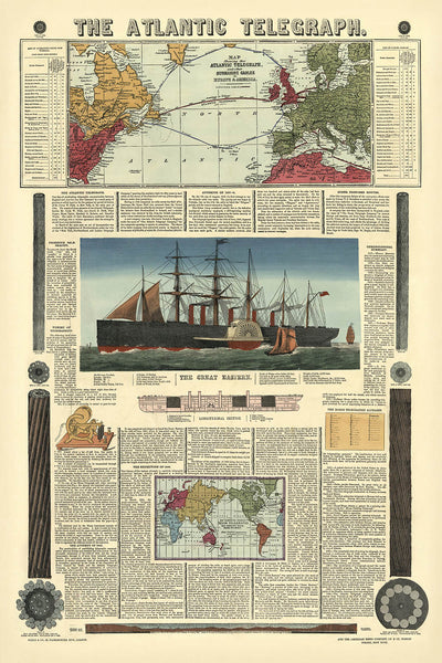 Mapa antiguo del Telégrafo Atlántico por Bacon & Co., 1865: Gran barco de vapor Eastern, Reino Unido, Terranova, Rutas de cable 