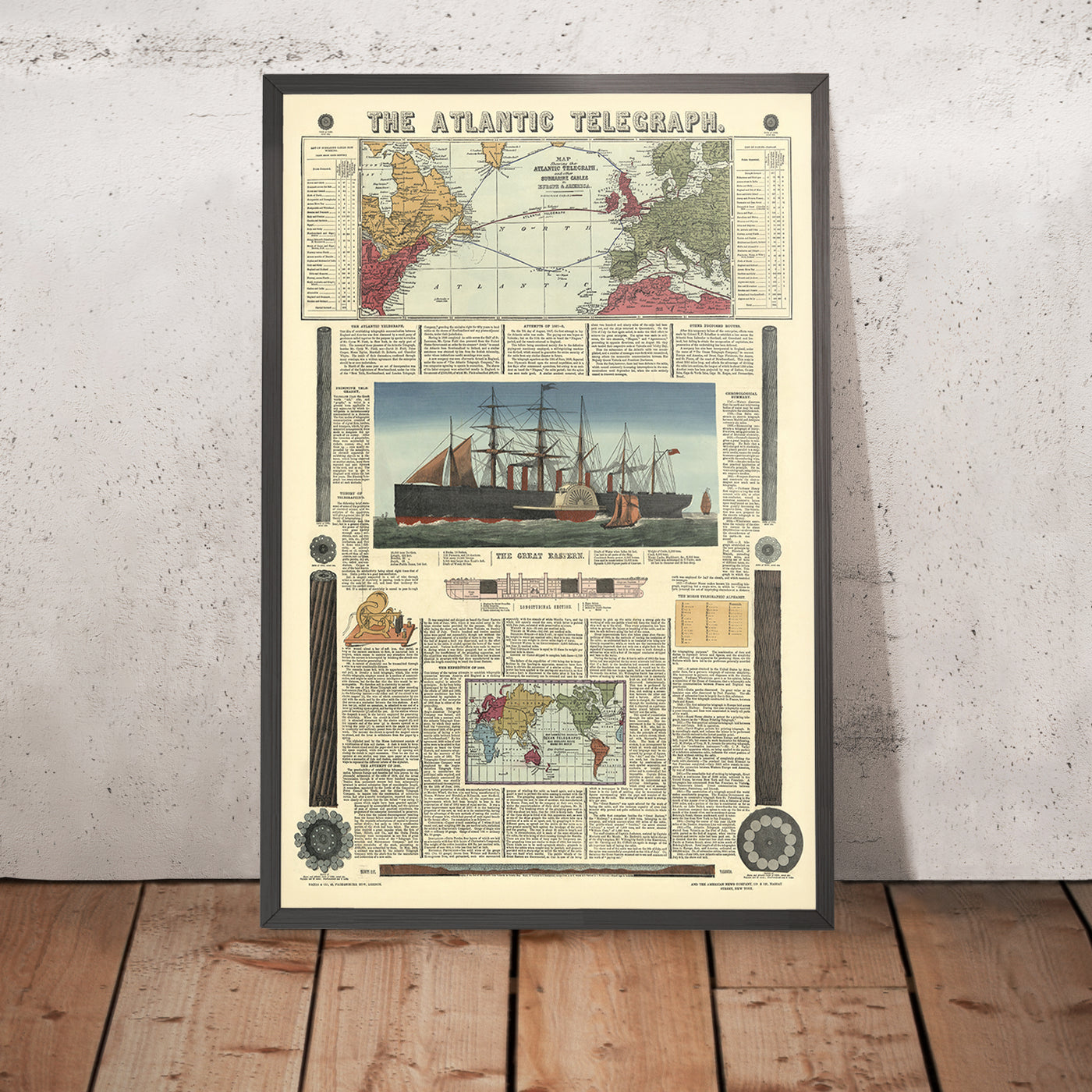 Mapa antiguo del Telégrafo Atlántico por Bacon & Co., 1865: Gran barco de vapor Eastern, Reino Unido, Terranova, Rutas de cable 