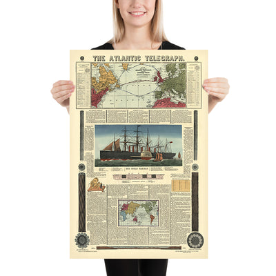 Mapa antiguo del Telégrafo Atlántico por Bacon & Co., 1865: Gran barco de vapor Eastern, Reino Unido, Terranova, Rutas de cable 
