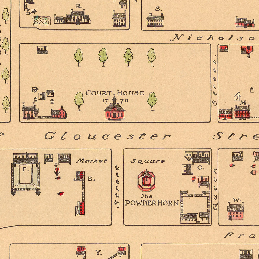 Alte historische Karte von Williamsburg, VA aus dem Jahr 1722 von Patterson: Gouverneurspalast, College, Kapitol, Gefängnis, Gasthaus 