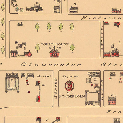 Alte historische Karte von Williamsburg, VA aus dem Jahr 1722 von Patterson: Gouverneurspalast, College, Kapitol, Gefängnis, Gasthaus 