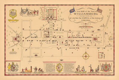 Alte historische Karte von Williamsburg, VA aus dem Jahr 1722 von Patterson: Gouverneurspalast, College, Kapitol, Gefängnis, Gasthaus 