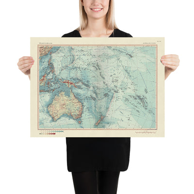 Ancienne carte de l'Australie et de l'Océanie, 1967 : Nouvelle-Zélande, Bornéo, Polynésie, Micronésie, Hawaï, îles du Pacifique 