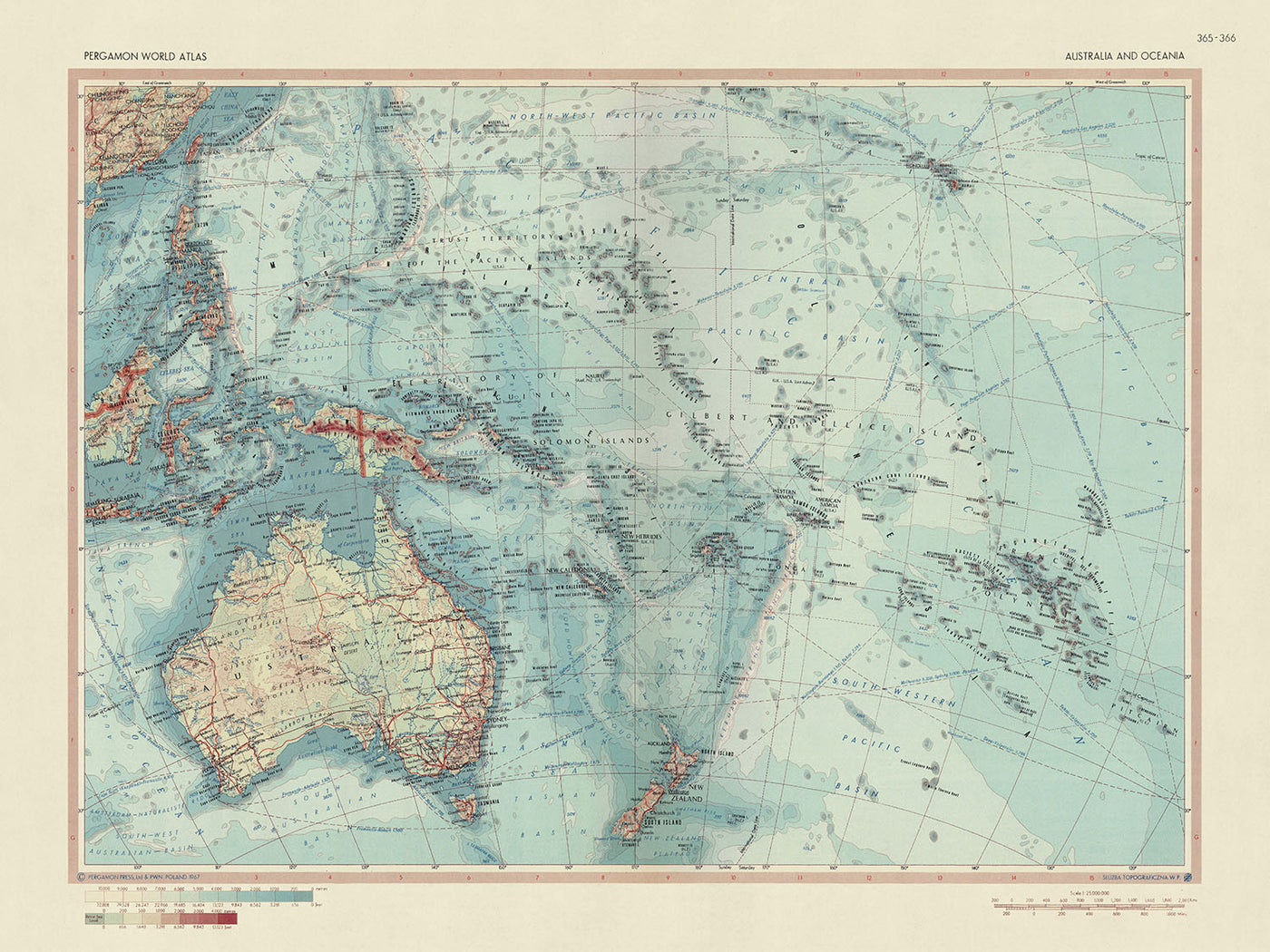 Ancienne carte de l'Australie et de l'Océanie, 1967 : Nouvelle-Zélande, Bornéo, Polynésie, Micronésie, Hawaï, îles du Pacifique 